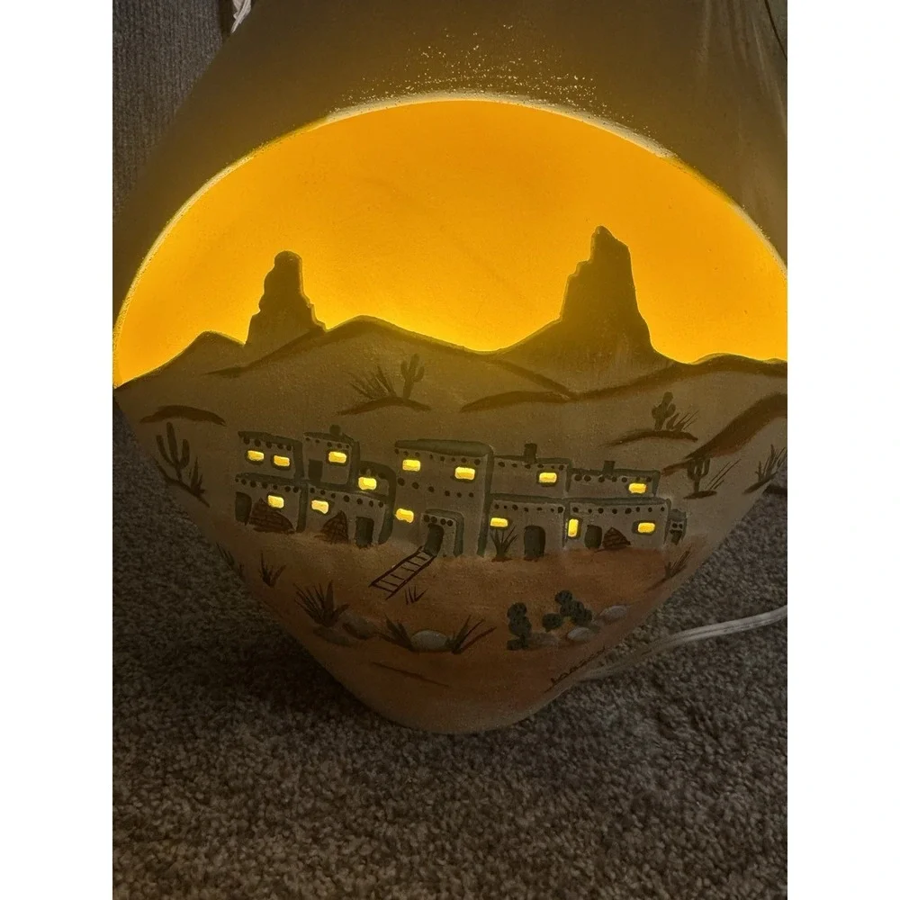 Handcrafted Southwestern Ceramic Table Lamp Pueblo Village Vibrant Sunset Signed